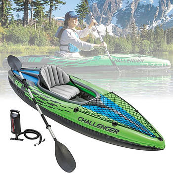 Одномісний надувний човен-байдарка 274х76 см Intex 68305 Каяк з ножним насосом та веслами Зелена