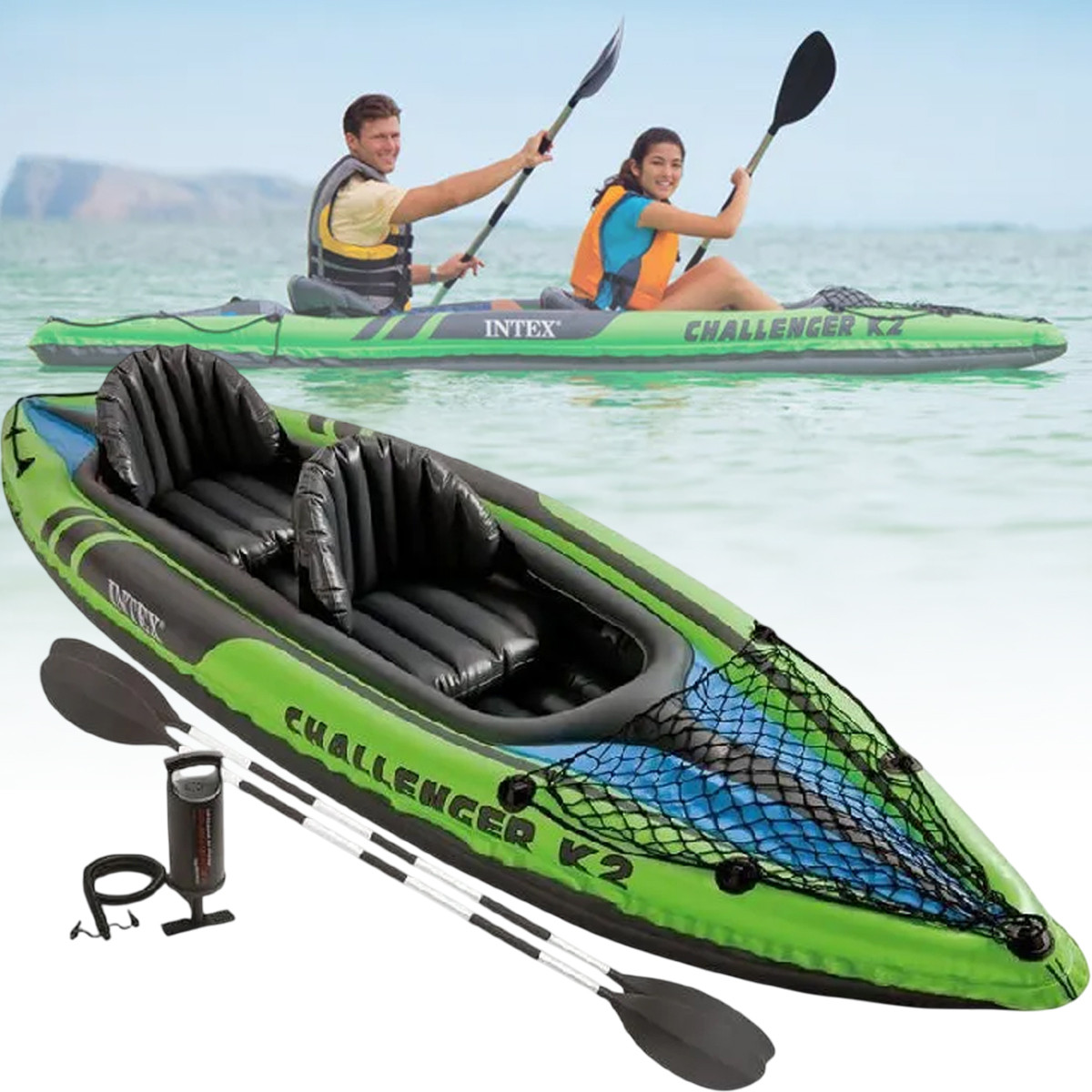 Двомісний надувний човен-байдарка Challenger K2 Kayak 68306 Intex з веслами та насосом 351 x 76 x 38 см