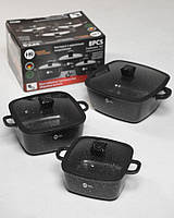 Набір квадратних каструль із силіконовими кришками чорний HK-323 ВТ7540