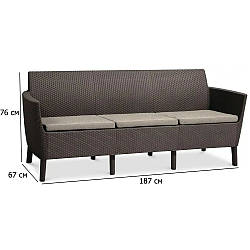 Довгий садовий диван Salemo 3 seater sofa 187 см коричневий пластиковий з подушками для патіо