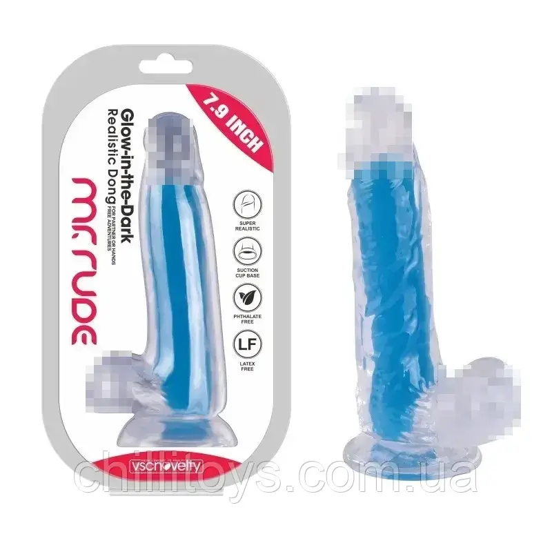 Фаллоимитатор на присоске Glow-in-the-Dark Dong Blue Mr. Rude 7.9, Прозрачный