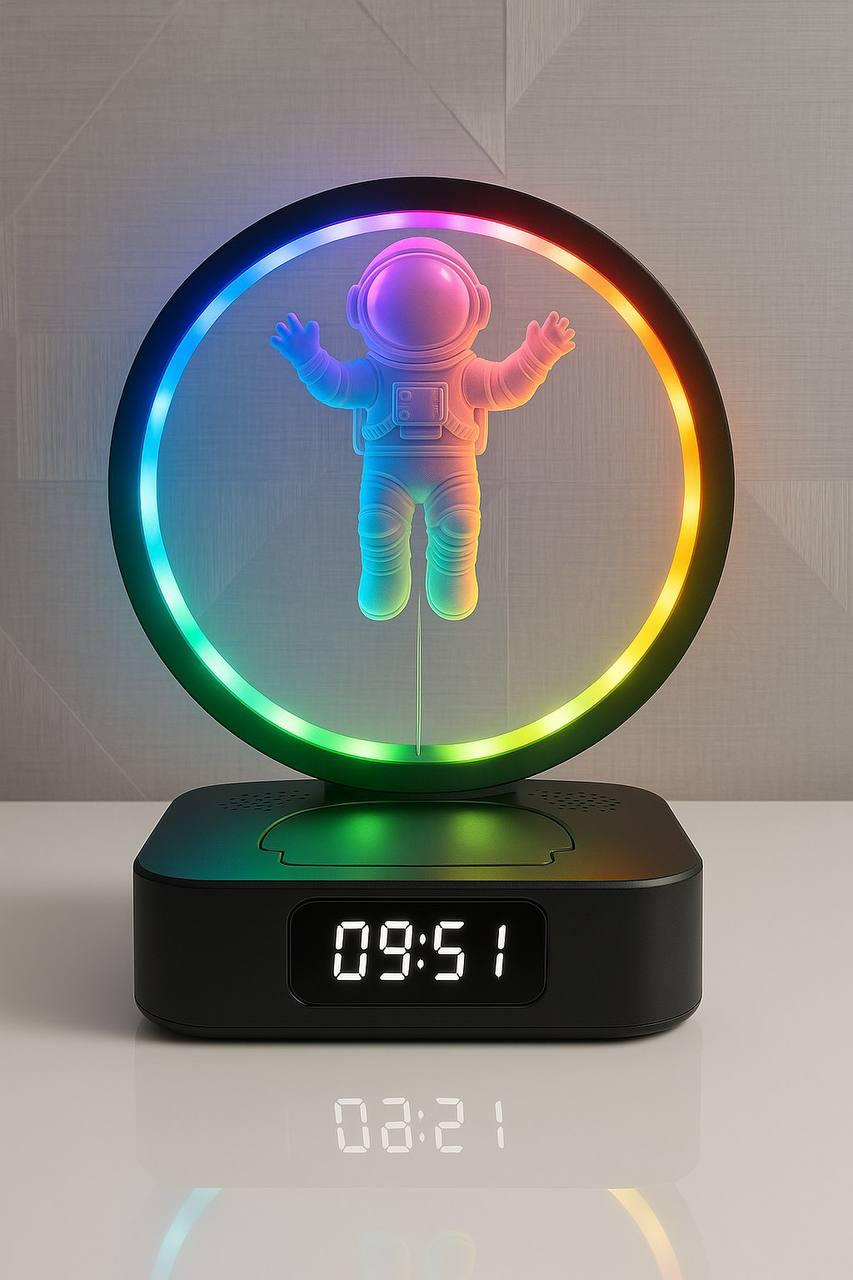 Настільний RGB нічник з Bluetooth колонкою та годинником "Левітуючий космонавт" Y-558, сірий