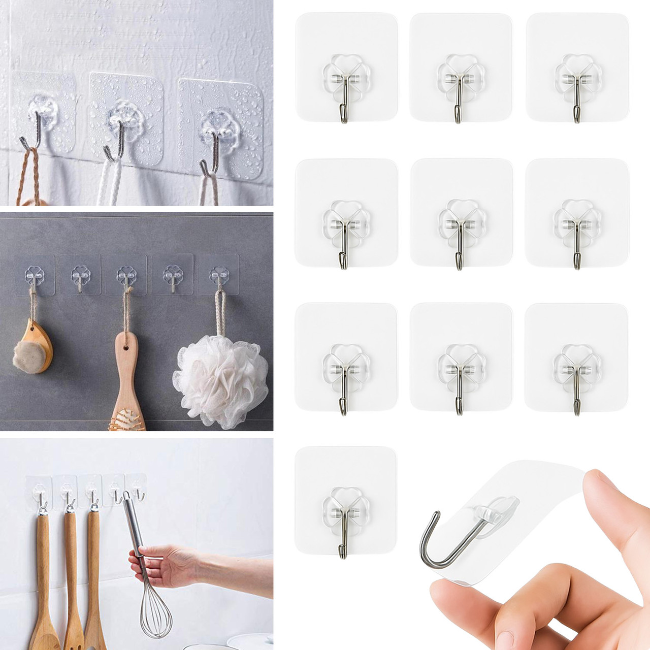 Комплект із 10 гачків із нержавіючої сталі на липучці для кухні ванної без свердління стін 5.5x5.5 см