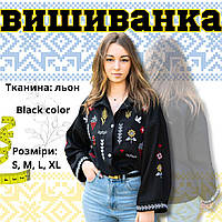 Блузка-вышиванка женская льняная, женские вышиванки из льна, сорочка-вышиванка женская черная