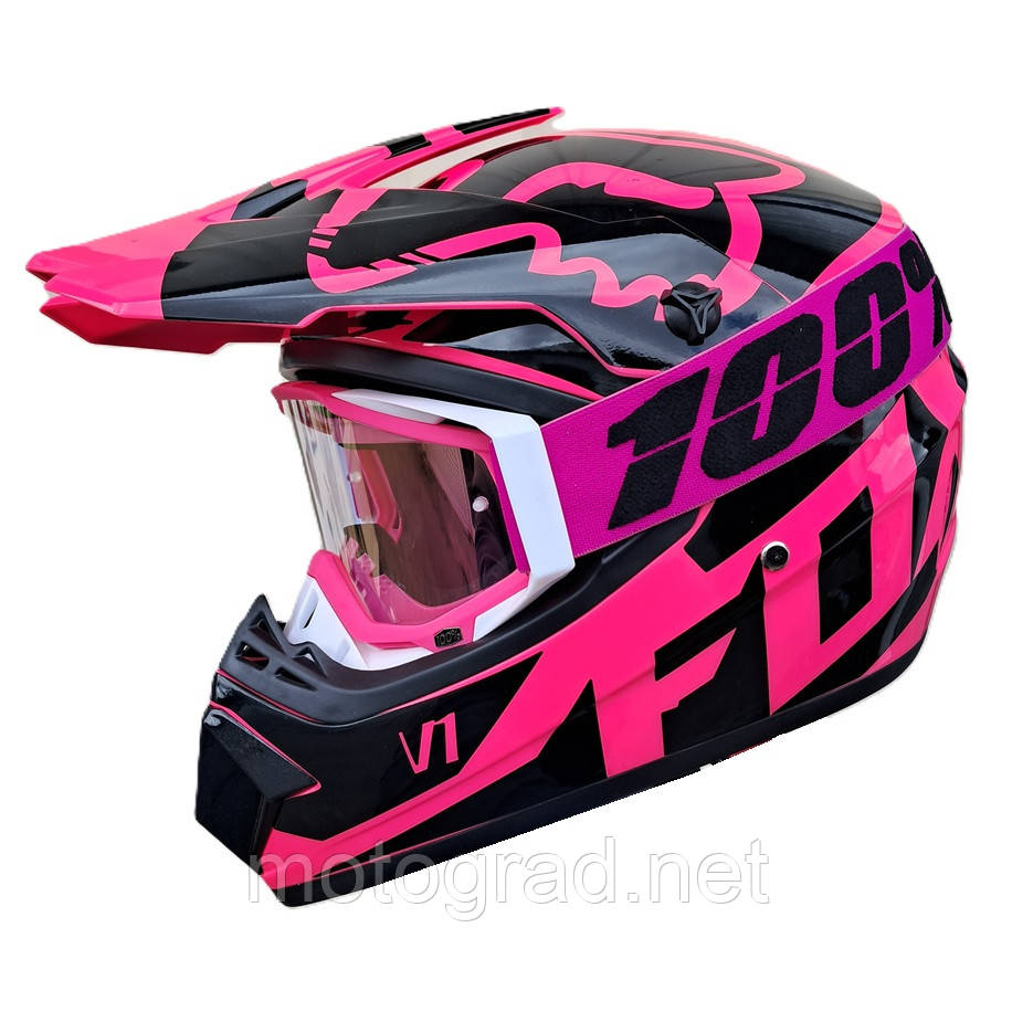 Кроссовый мото шлем Fox Pink + очки в подарок - фото 1 - id-p1480539171
