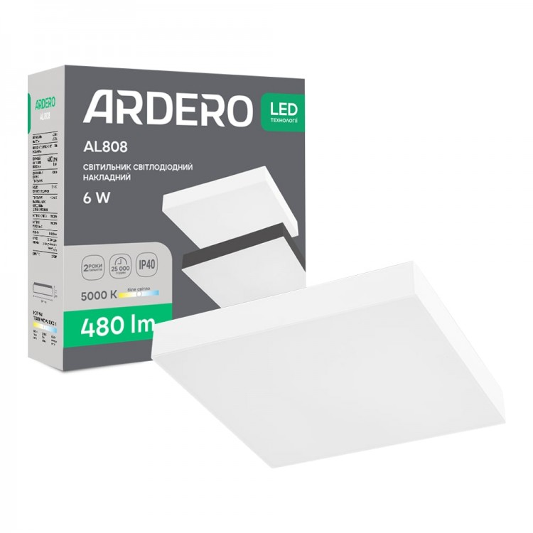Світлодіодний світильник Ardero AL808 ARD 6W LED 480Lm 5000К IP40 91x91x26мм накладний квадратний білий