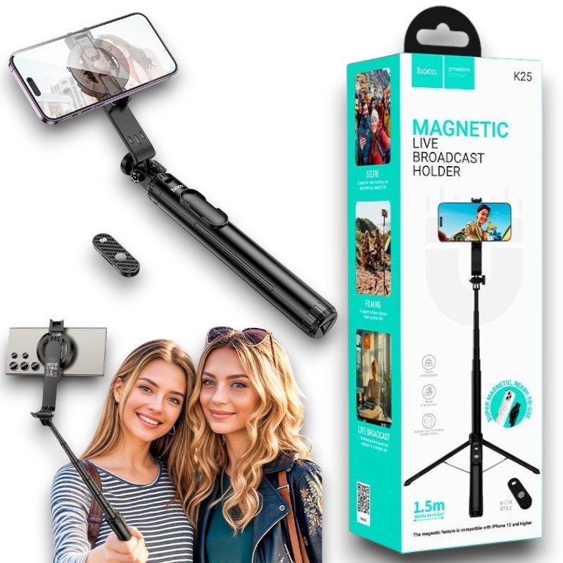 Монопод селфи-палка HOCO K25+ Bluetooth с пультом, Штатив-трипод для фото и видео съёмки, 1.5 м, чёрный