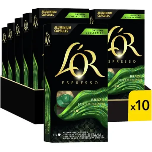 Набір 100 капсул Nespresso L’OR Espresso Brazil 10 упаковок по 10 капсул, фото 1