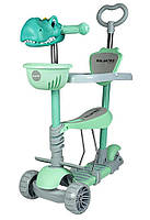Дитячий триколісний самокат 5в1 з підсвіткою, кошиком і батьківською ручкою Galaktika Dino Зелений