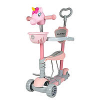 Дитячий триколісний самокат 5в1 з підсвіткою, кошиком і батьківською ручкою Galaktika Єдиноріг Рожевий