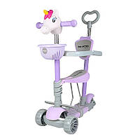 Дитячий триколісний самокат 5в1 з підсвіткою, кошиком і батьківською ручкою Galaktika Єдиноріг Фіолетовий