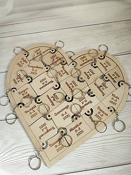 Дерев'яне серце-пазл з іменними брелками для випускників