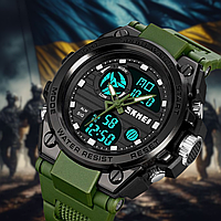 Армейские наручные часы мужские с подсветкой противоударный корпус кварцевые зеленые олива Skmei