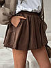 Жіночі літні легкі шорти спідниця кльош міні з комфортної тканини жатка відтінку шоколад, фото 3