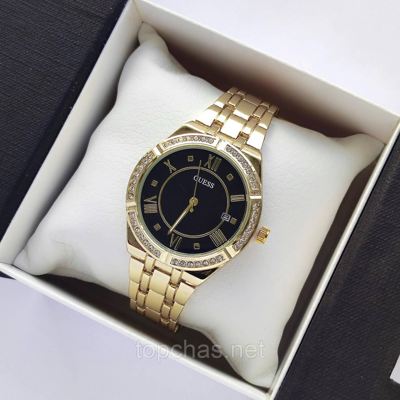 Жіночий годинник Guess (Гес) з римськими цифрами, золотий з чорним, камінчики навколо, дата - код 2495b