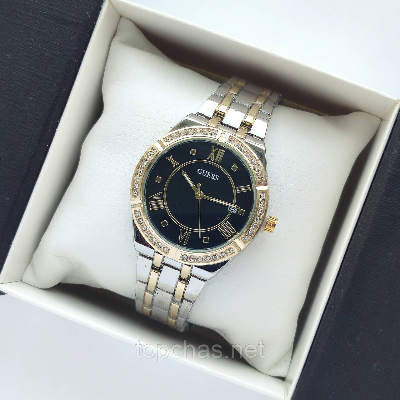 Жіночий годинник Guess (Гес) з римськими цифрами, срібло-золото з чорним, камінчики навколо циферблата - код 2496b
