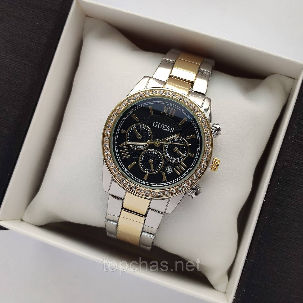Жіночий наручний годинник Guess (Гес) комбінований з чорним, камінчики навколо циферблата - код 2497b