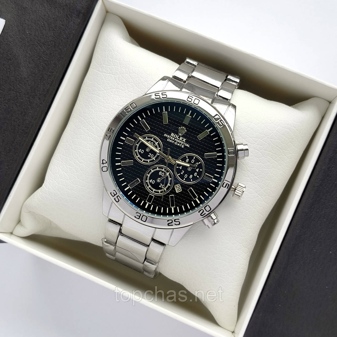 Середній чоловічий наручний годинник Rolex (ролекс) срібло з чорним циферблатом, блакитне скло - код 2498b