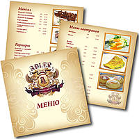 Дизайн меню для ресторана "Адлер". Печать полноцветная цифровая с матовой ламинацией. Переплет на скобы.