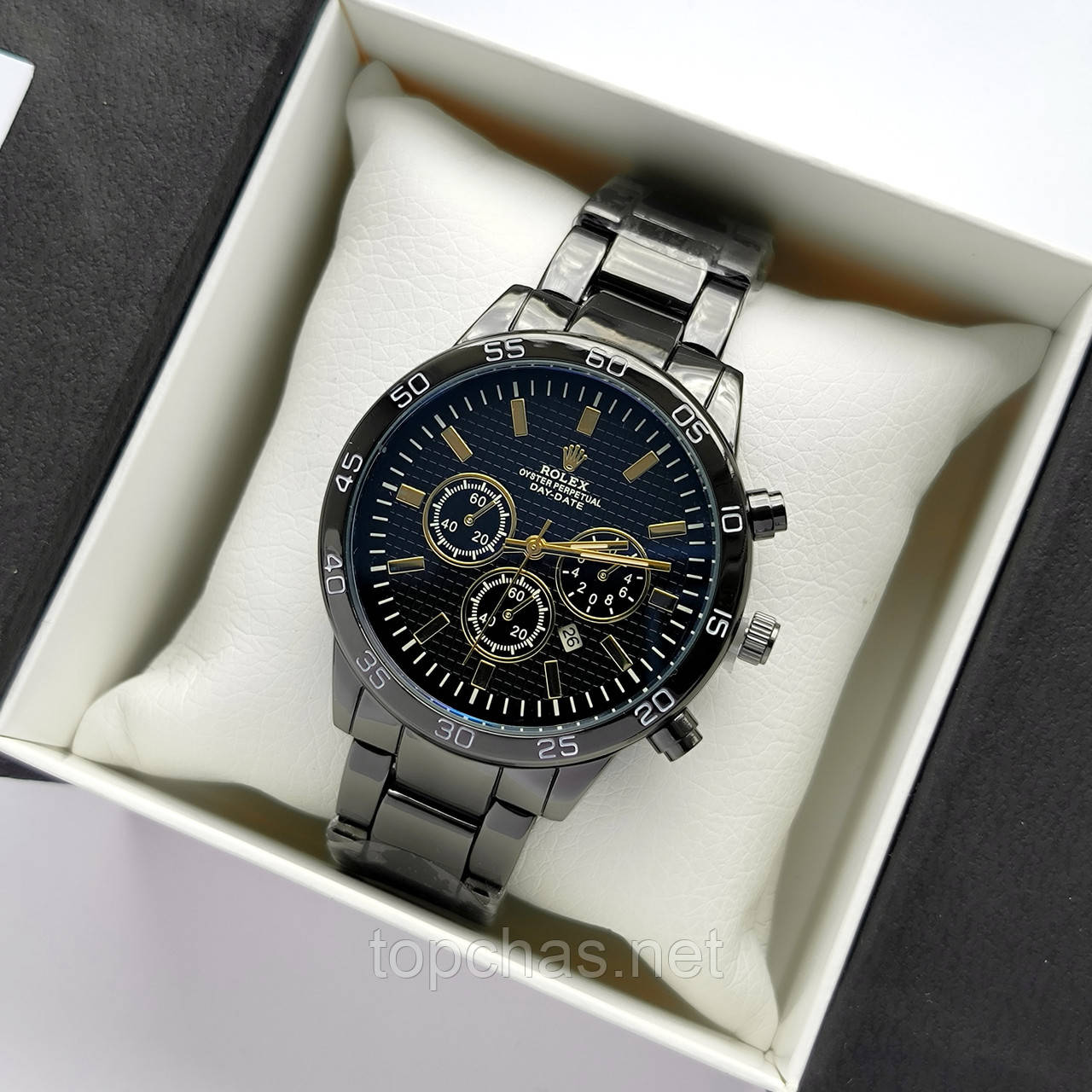 Середній чоловічий наручний годинник Rolex (ролекс) чорного кольору, блакитне скло - код 2499b