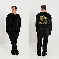 Іменна тепла махрова піжама для чоловіків від виробника чорна, турецькі чоловічі піжами