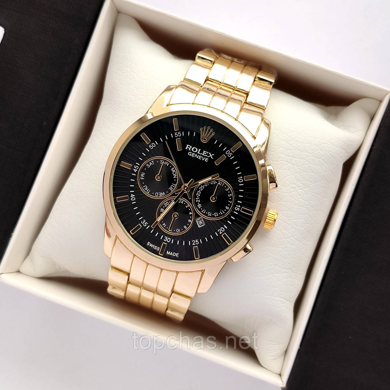 Чоловічий наручний годинник Rolex (ролекс) золото з чорним циферблатом, скло з антибліком - код 2500b