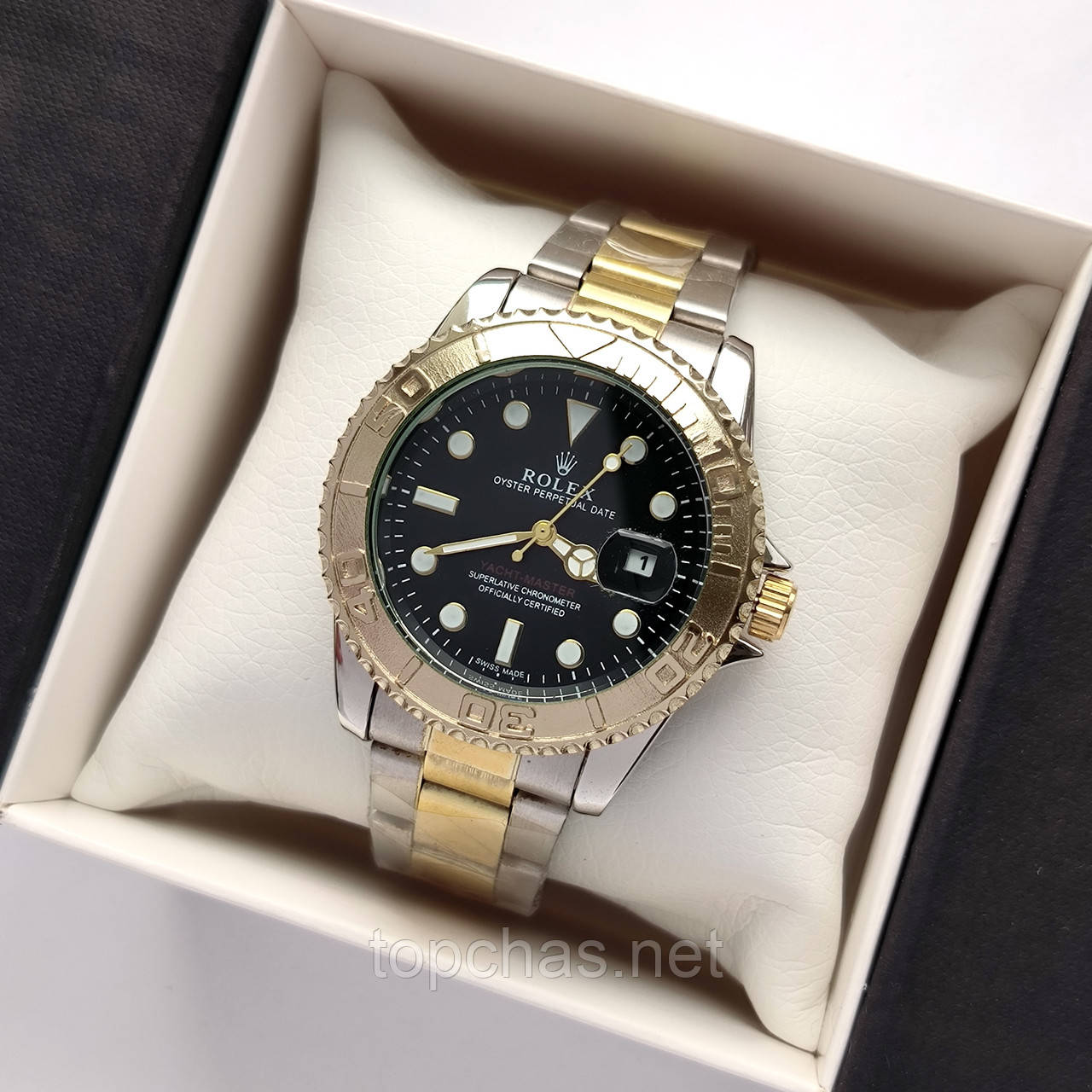 Чоловічий наручний годинник Rolex Yacht-Master (ролекс) срібло-золото з чорним циферблатом, дата - код 2501b