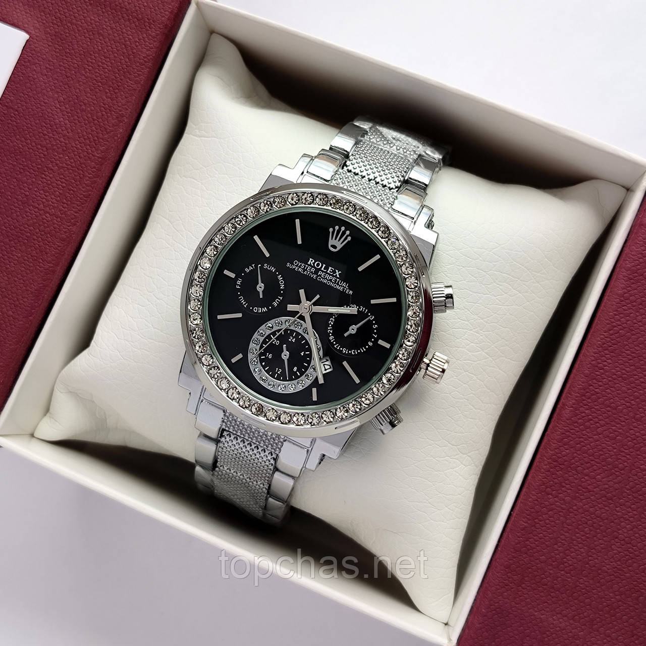 Жіночий наручний годинник Rolex (ролекс) сріблясті з чорним циферблатом, рифлений браслет - код 2504b