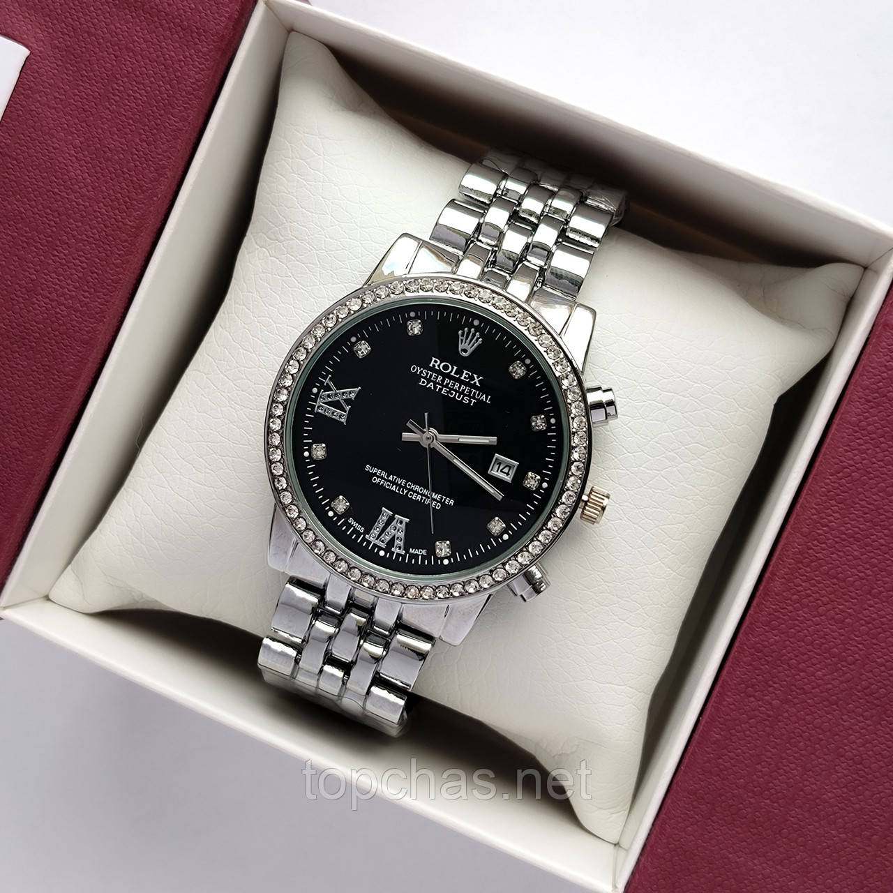 Металевий жіночий наручний годинник Rolex (ролекс) сріблястий з чорним, камінчики навколо, дата - код 2505b