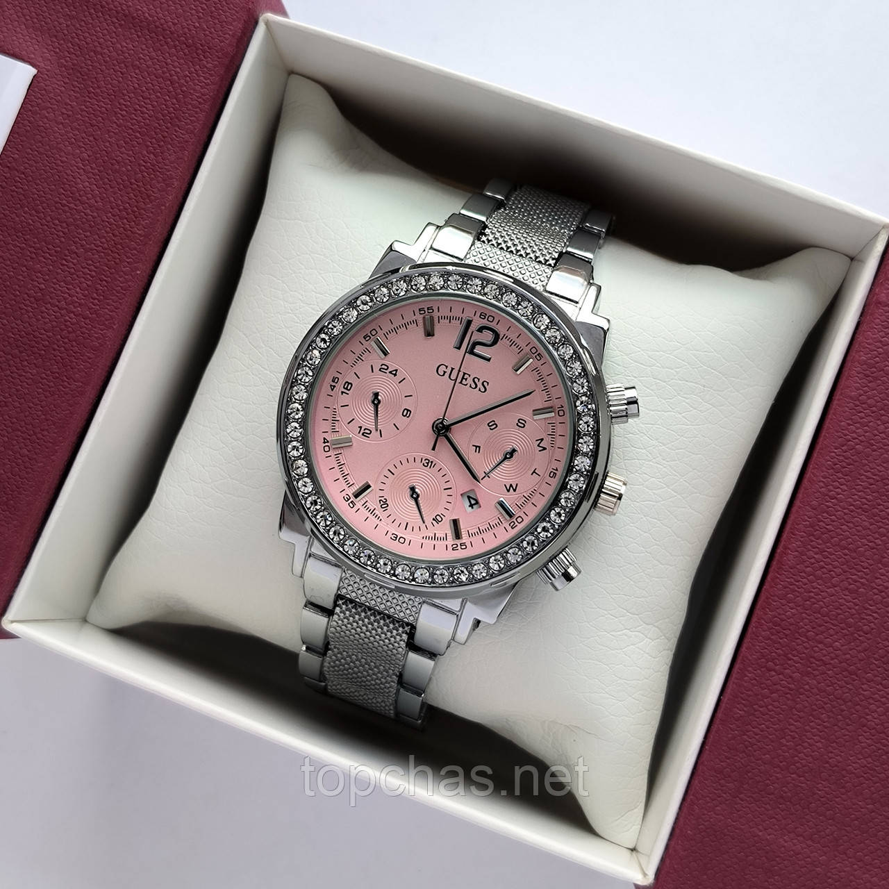Жіночий наручний годинник Guess (Гес) сріблястий з рожевим, камінчики навколо циферблата - код 2506b