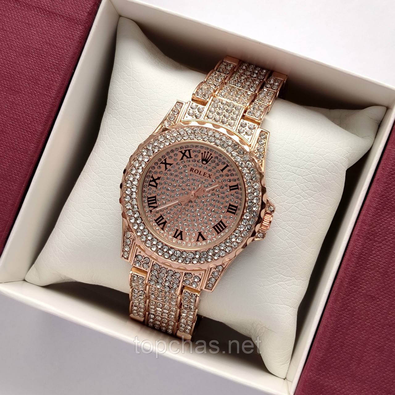 Золотистий наручний жіночий годинник Rolex (ролекс) прикрашений камінчиками - код 2507b