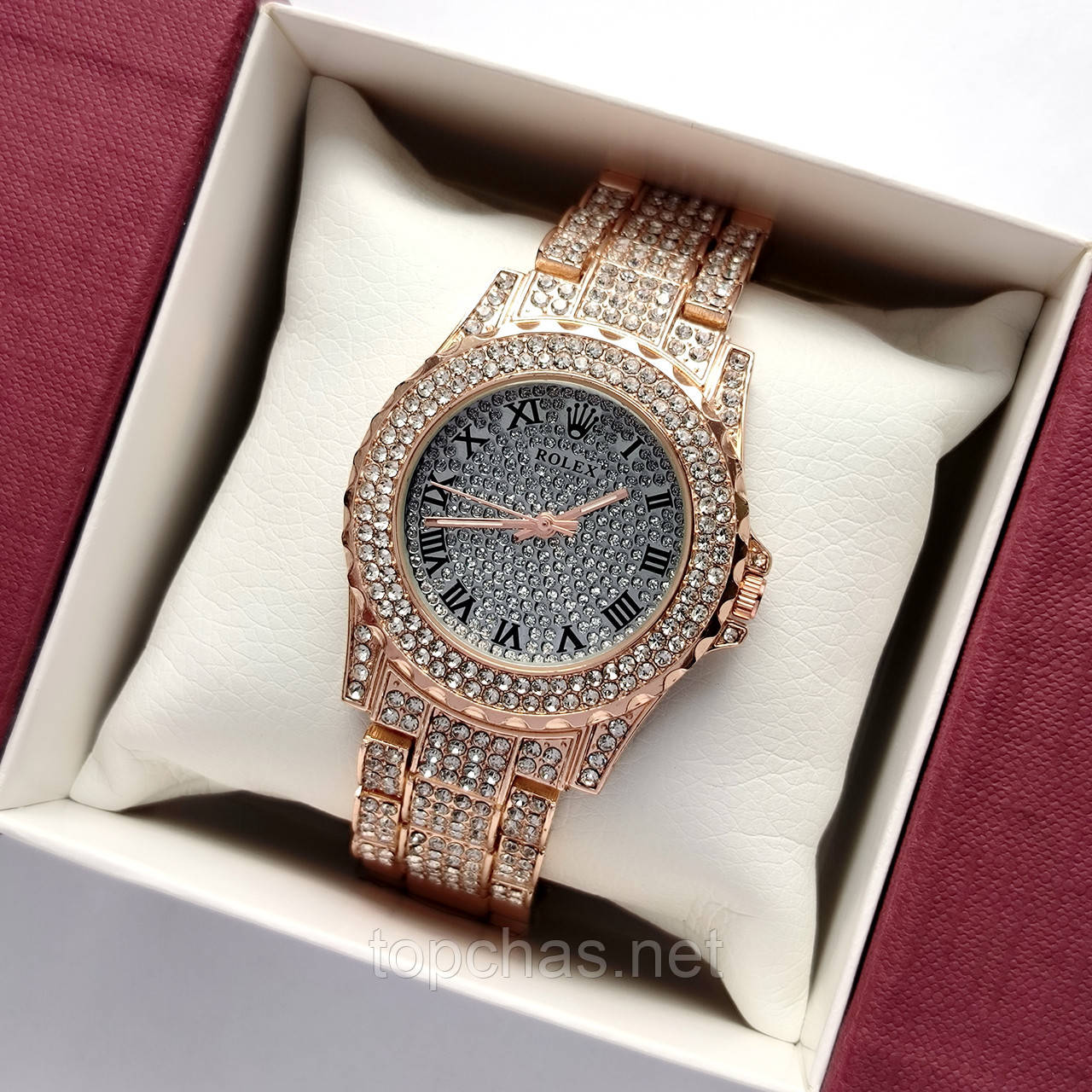 Золотистий наручний жіночий годинник Rolex (ролекс) прикрашений камінчиками, сріблястий циферблат - код 2508b