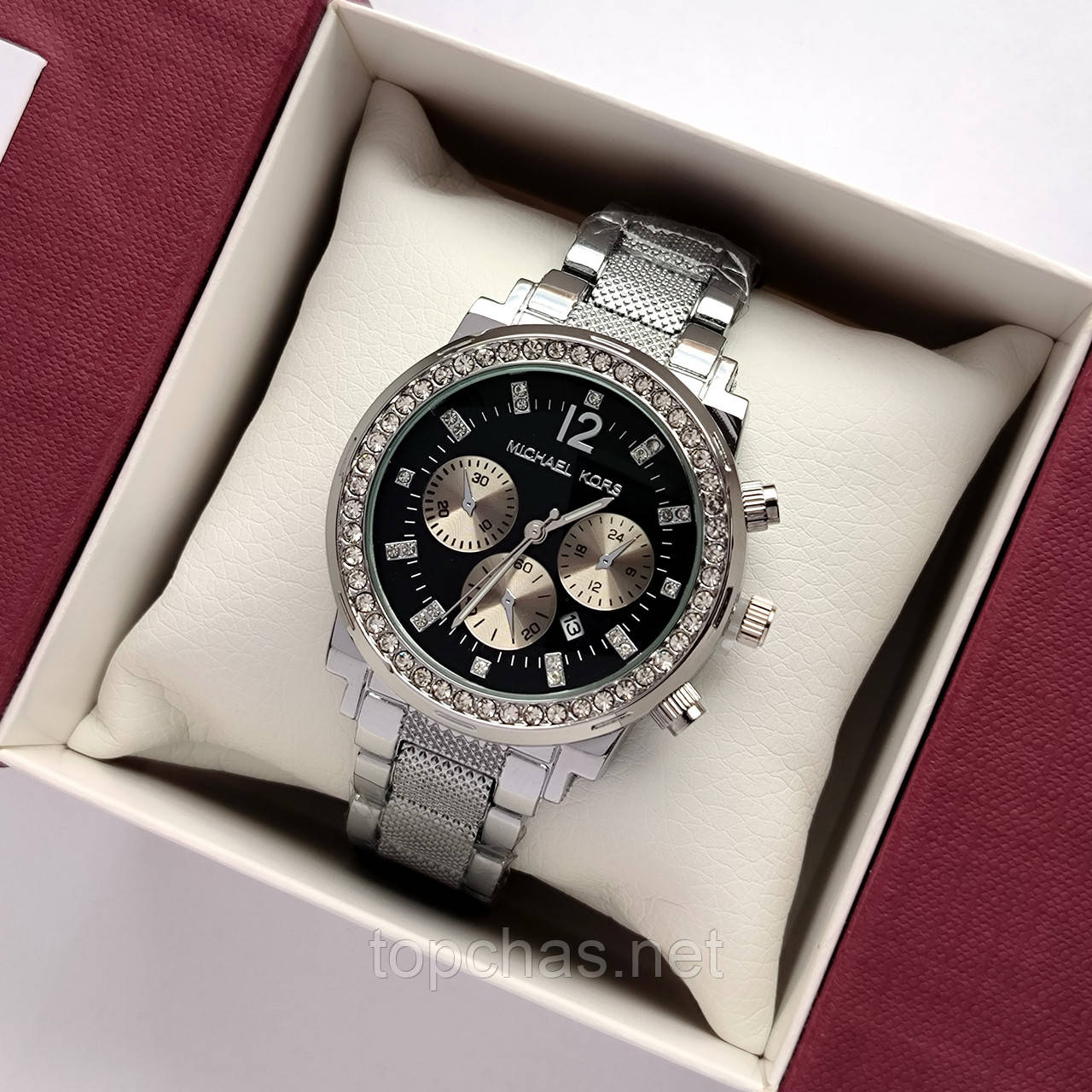 Наручний жіночий годинник Michael Kors сріблястий з чорним, рифлений браслет, дата - код 2510b