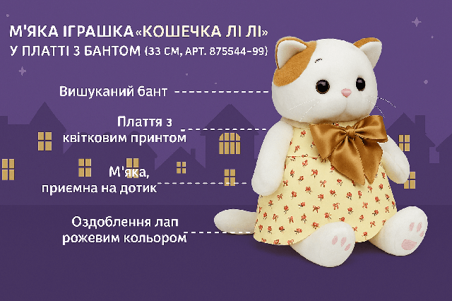 М'яка іграшка «Кішечка Лі Лі» в сукні з бантом (33 см, арт. 875544-99)