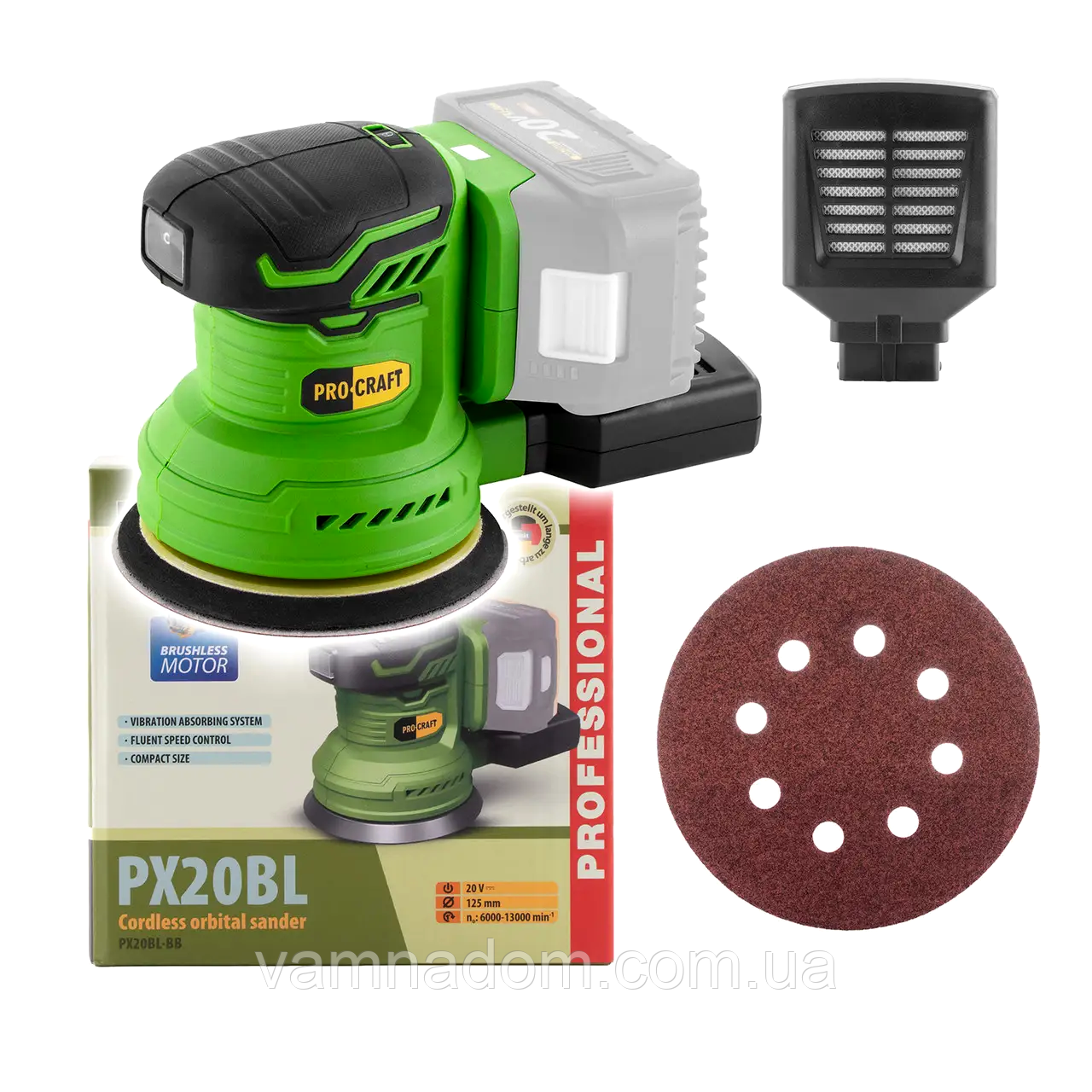 Акумуляторна ексцентрикова шліфмашина Procraft PX20BL (Без АКБ і ЗП), фото 1