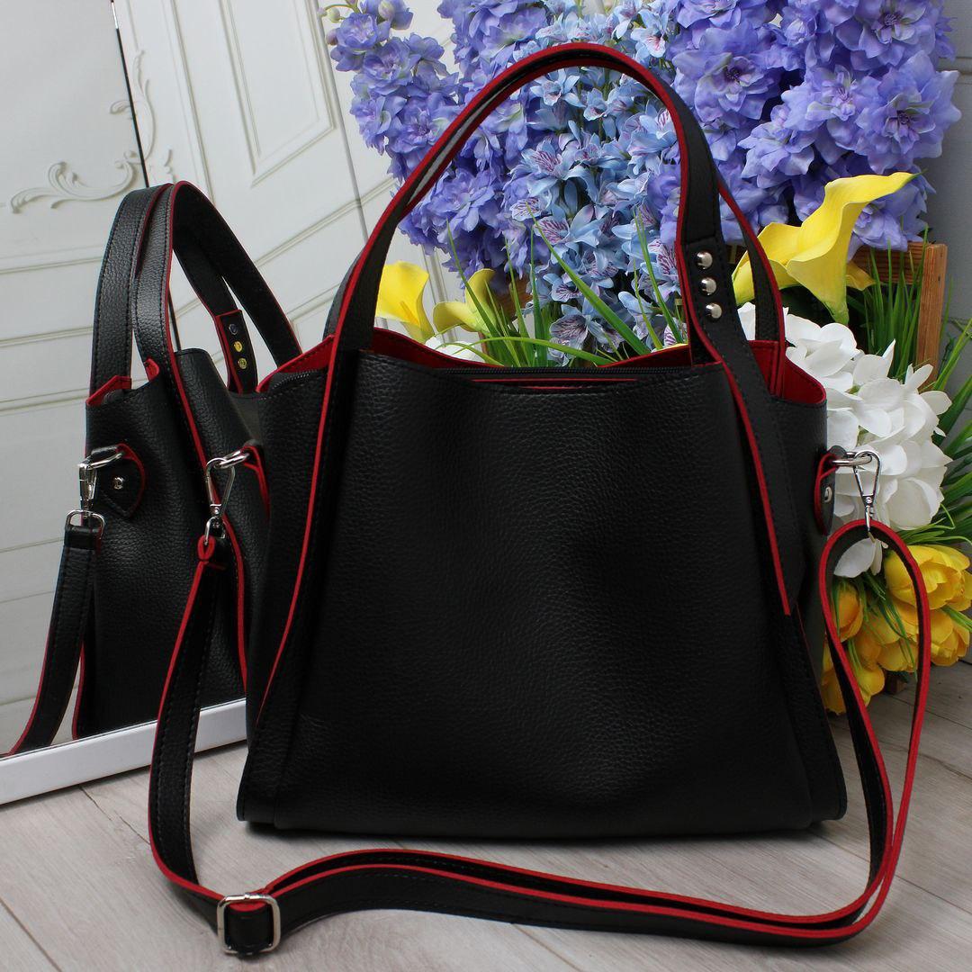 Жіноча сумка через плече стильна молодіжна кроссбоді чорна з червоним шкірзам