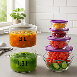 Набір скляних каструль для всіх видів плит 3,0+1,3 літра та ємності для зберігання їжі