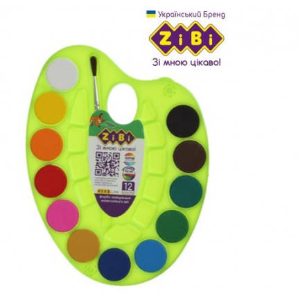 Фарба акварельна суха ZiBi 6558-15 на палітрі 12кол. натуральний пензлик САЛАТОВА упаковка, фото 1