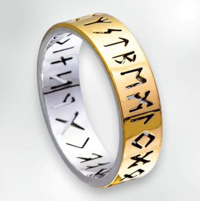 Сріблясто-золотиста каблучка з викингськими рунами титанова розмір 20, фото 1