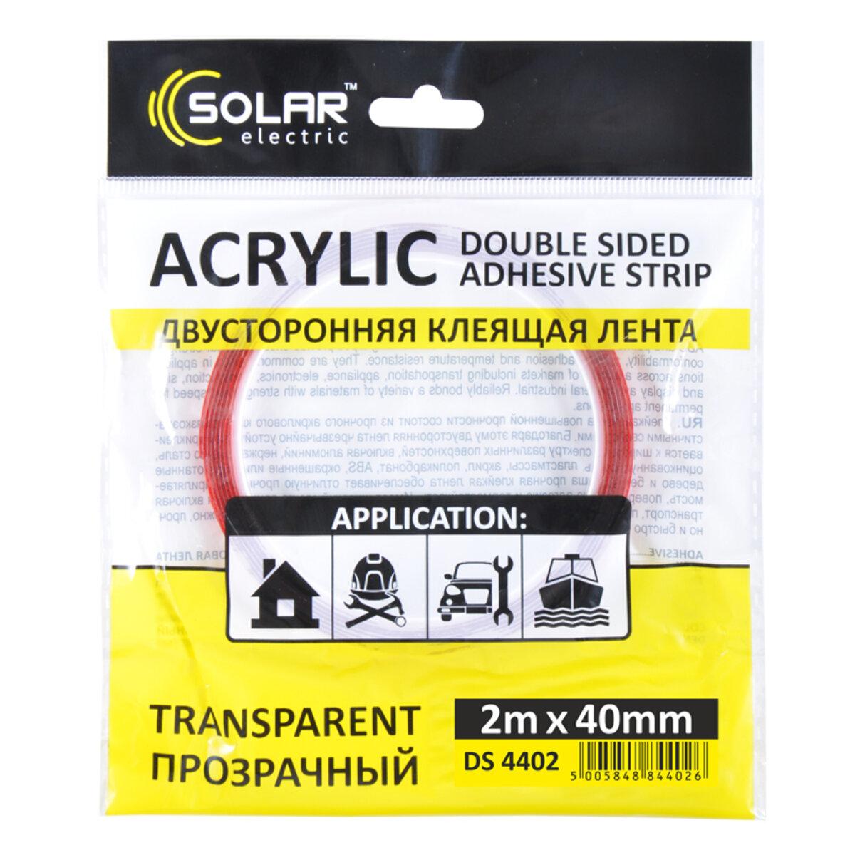 Стрічка клеюча двостороння Solar, ACRYLIC (VHB), прозора, 40ммx2м, фото 1