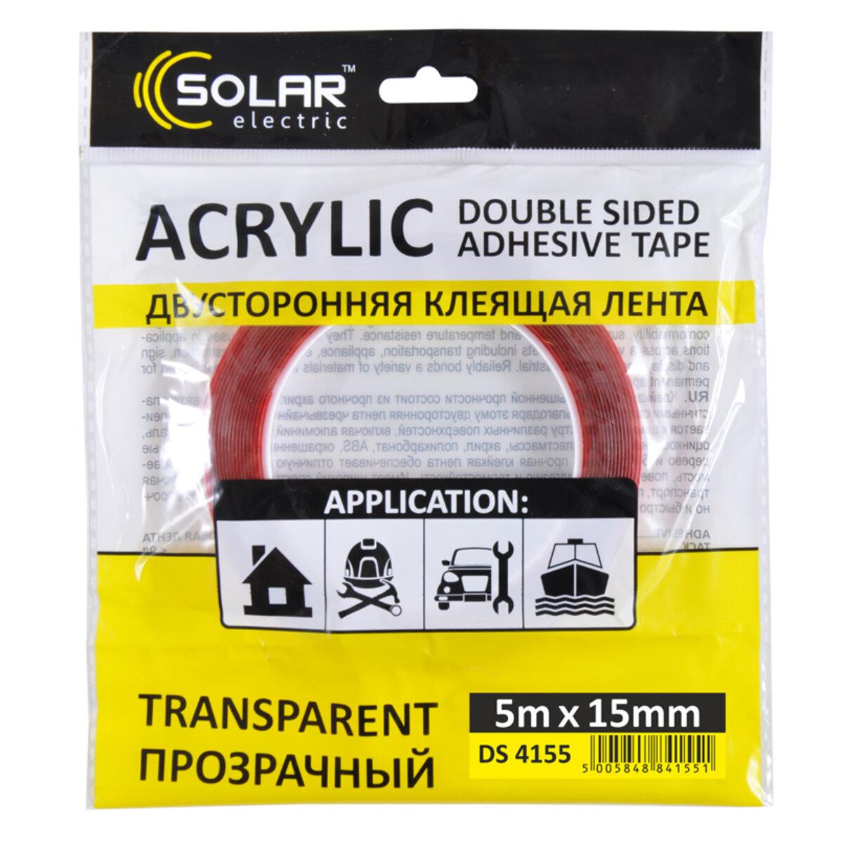 Стрічка клеюча двостороння Solar, ACRYLIC (VHB), прозора, 15ммx5м, фото 1