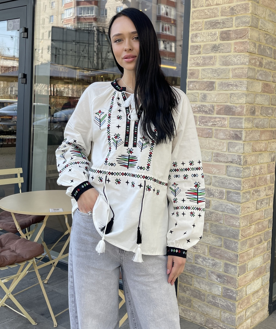 Вишиванка жіноча з орнаментом ESQ 5724, біла вишита блузка в етно стилі, фото 1