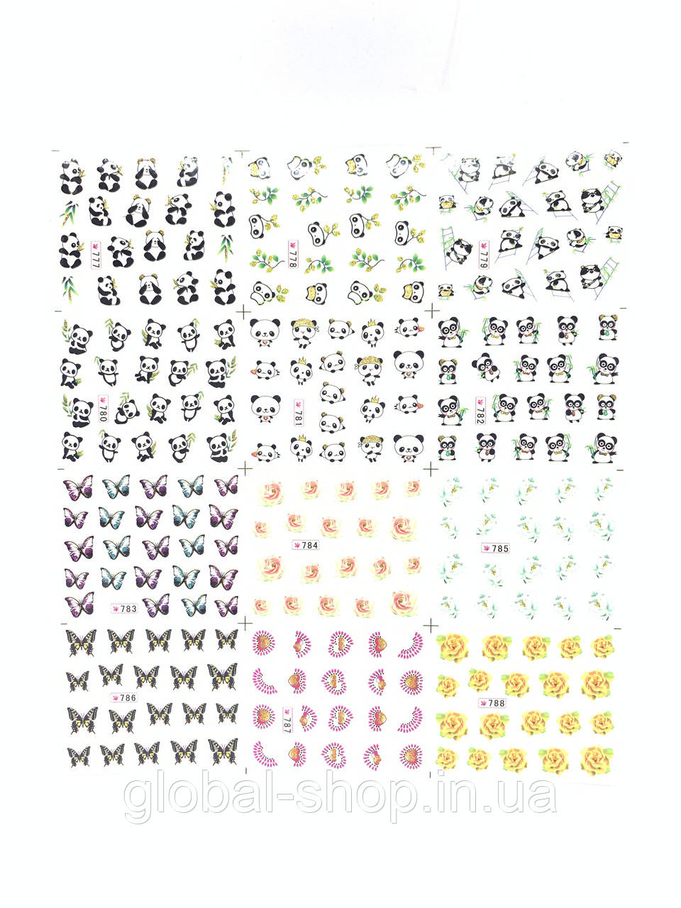 Наклейки для нігтів на водній основі Панди,метелики, квіти, 250 в 1