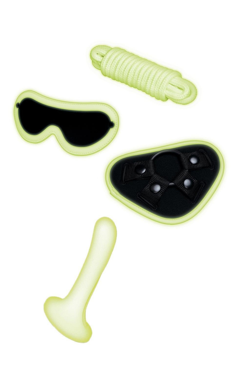 Набір БДСМ Whipsmart Glow In The Dark страпон, маска на очі, мотузка, флуоресцентні Кітті, фото 1