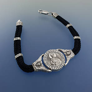 Шовковий чоловічий браслет зі срібними вставками та замком. Браслет св Миколай Спаси і Збережи срібло 925. 20 см