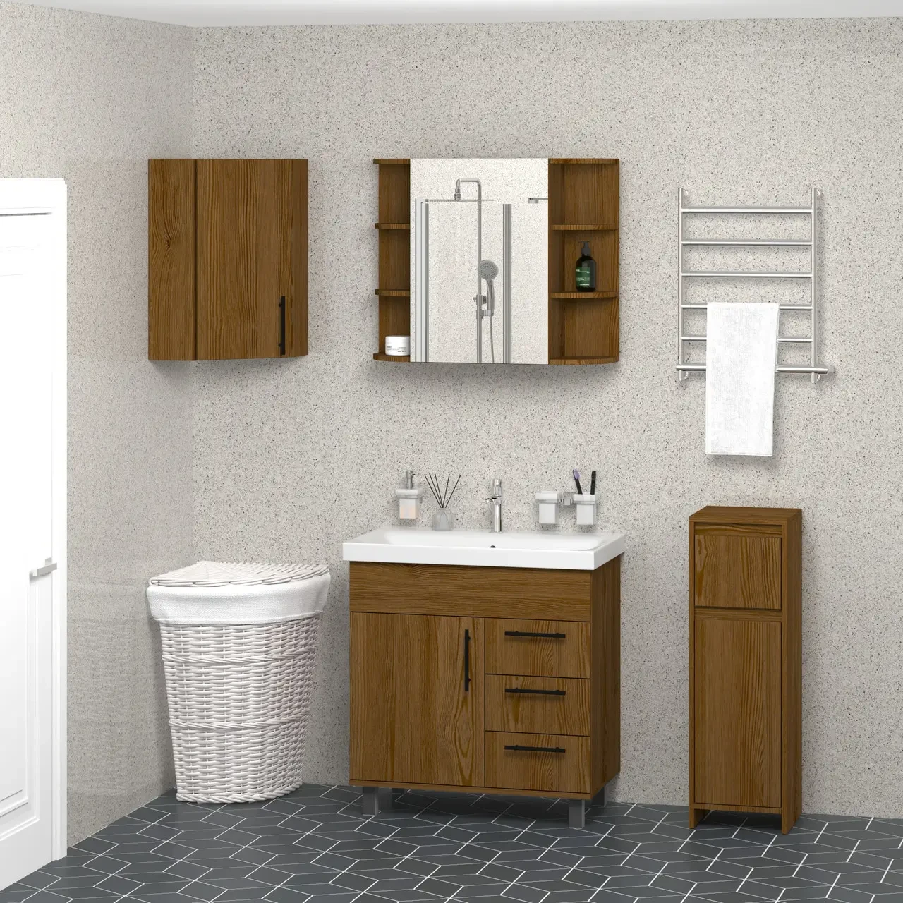 Комплект у ванну кімнату з 4-х позицій: тумба з умивальником / навісна шафа з дзеркалом / пенал / Дуб Родос, фото 1