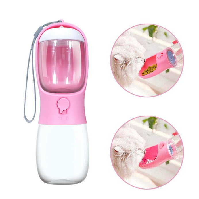 Портативна пляшка - поїлка з контейнером для корму і кнопкою Dog Water Bottle 300 мл + 100 г для собак і котів - рожева
