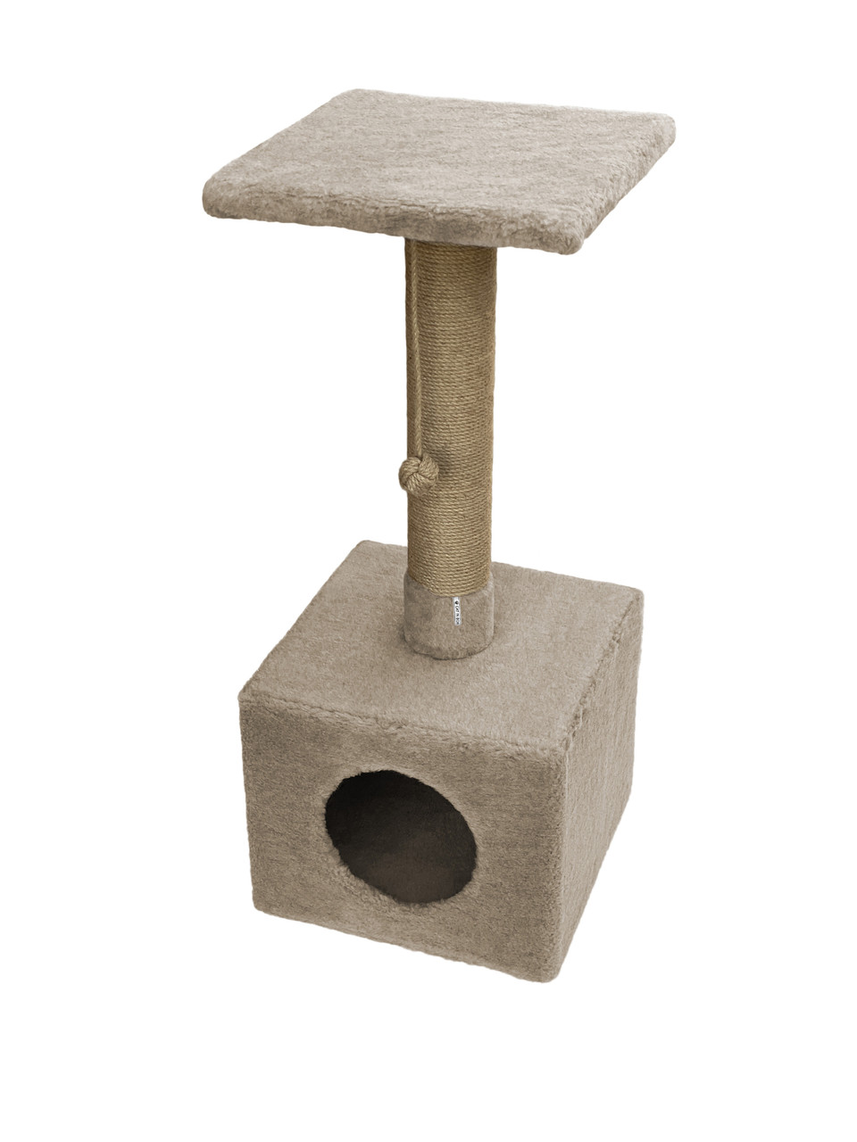 Кігтеточка дряпка з будиночком для кішок CAT IN BOX стовпчик D-10 см джутовий з помпоном 35х35х90 см - бежева, фото 1