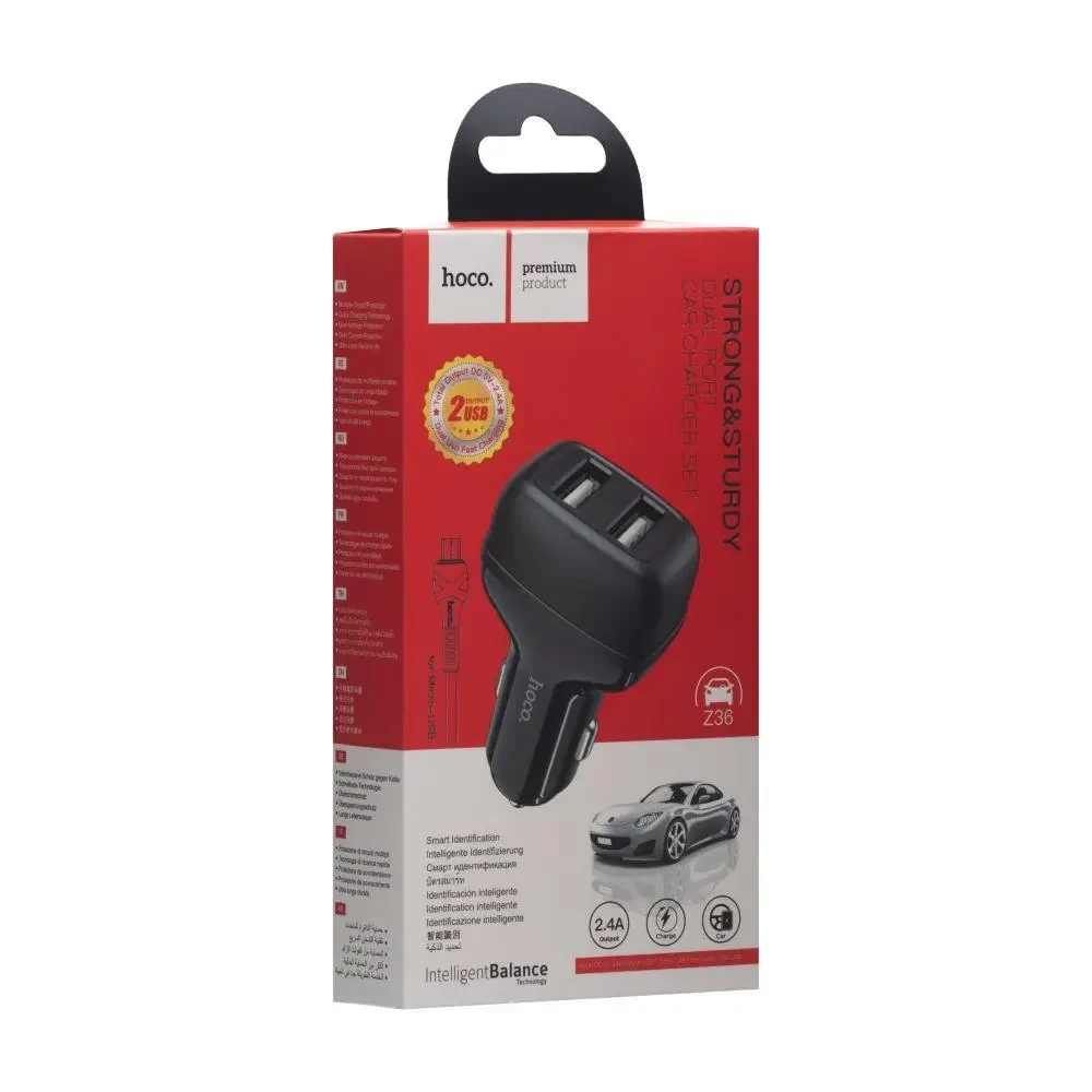 Автомобільний зарядний пристрій Hoco Z36 Leader + Micro-USB (2 USB, 2.4A, Чорний)