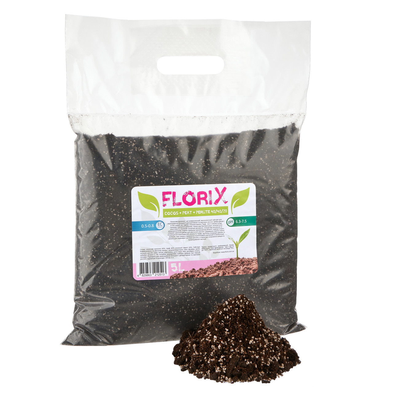 Субстрат для розсади та кімнатних рослин FloriX Cocos + Peat + Perlite 40/40/20 5л